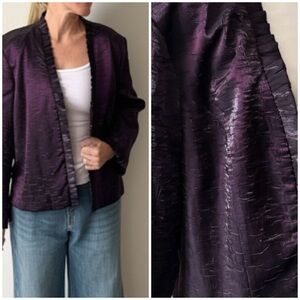 Vintage Oblique Deep Purple Crushed Silk Crinkle Textured Ruffled‎ Blazer Coat